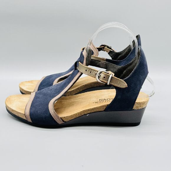 Naot Sandals Womens 9 Blue Leather Fiona Wedge Slingback T Strap Adjustable Cork - Picture 5 of 10
